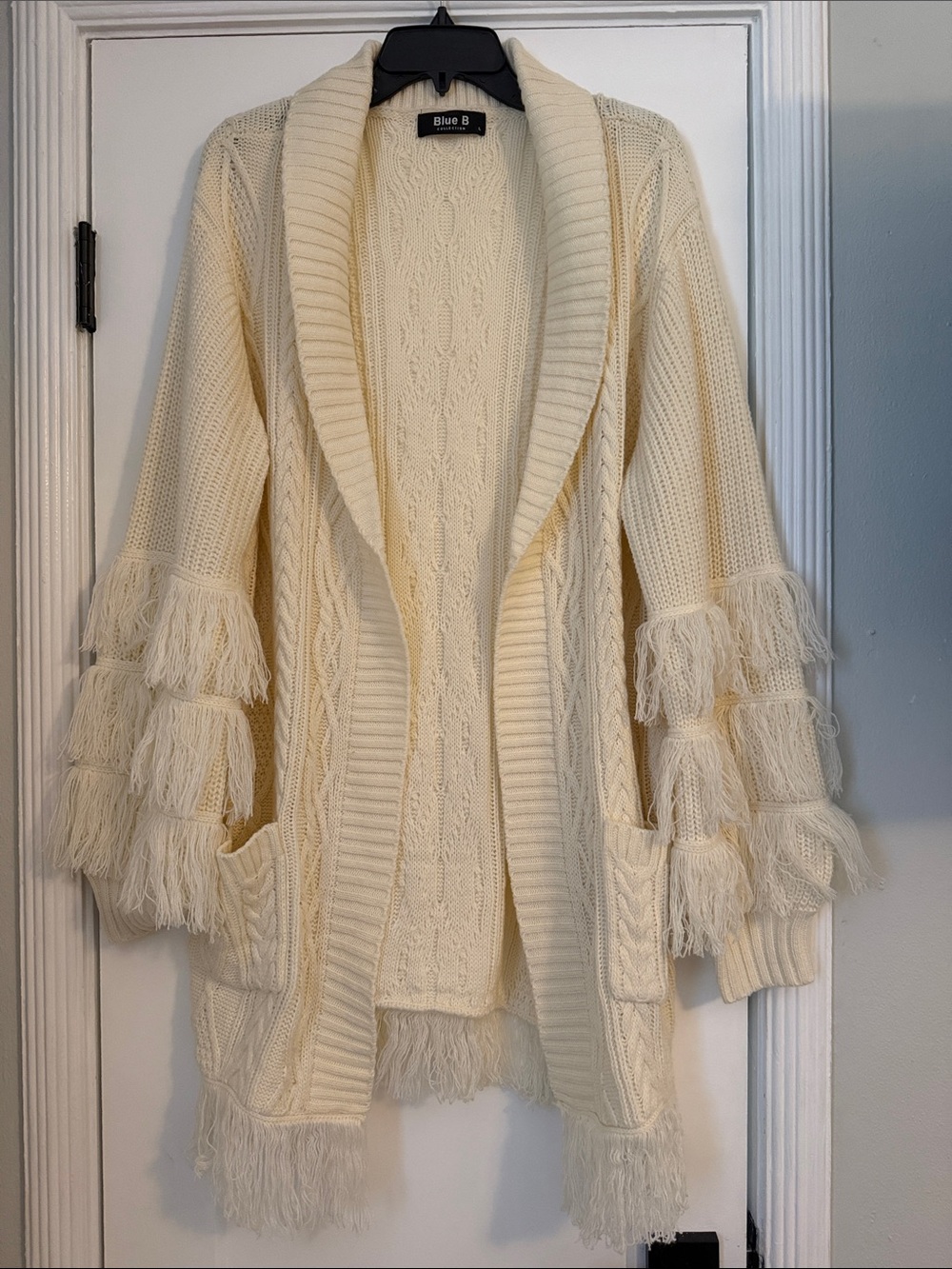 Blue B Cream Fringe Cable Shawl-Cardigan